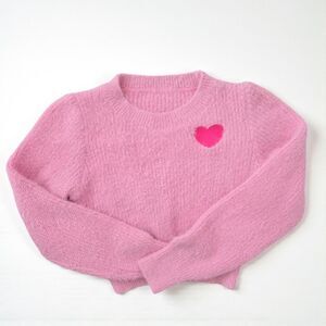 Women's Pink Sweater Heart Pattern Fuzzy Crop Sweater Size Medium